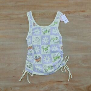 Nickelodeon Rugrats Print Tank Top‎ Lilac Yellow Checkered Ruched Sides Size M